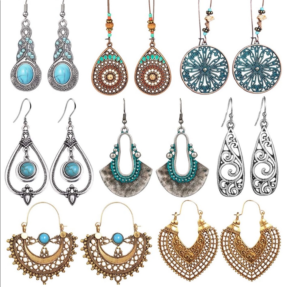 8 pc Vintage/Boho Style Drop Earrings